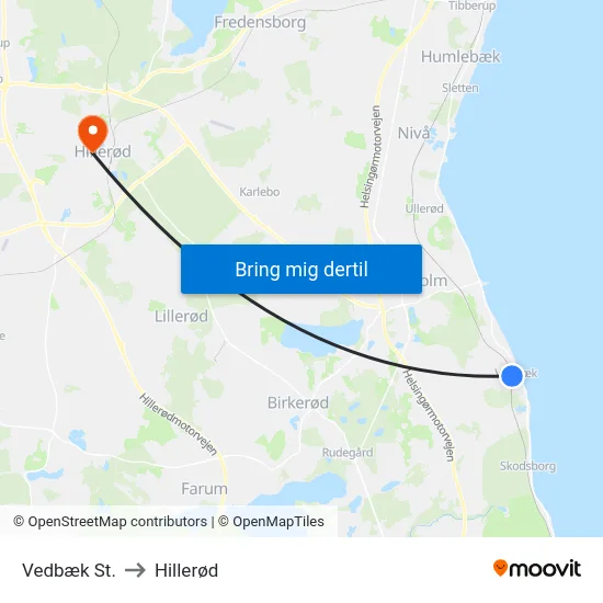 Vedbæk St. to Hillerød map