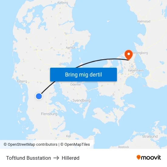 Toftlund Busstation to Hillerød map