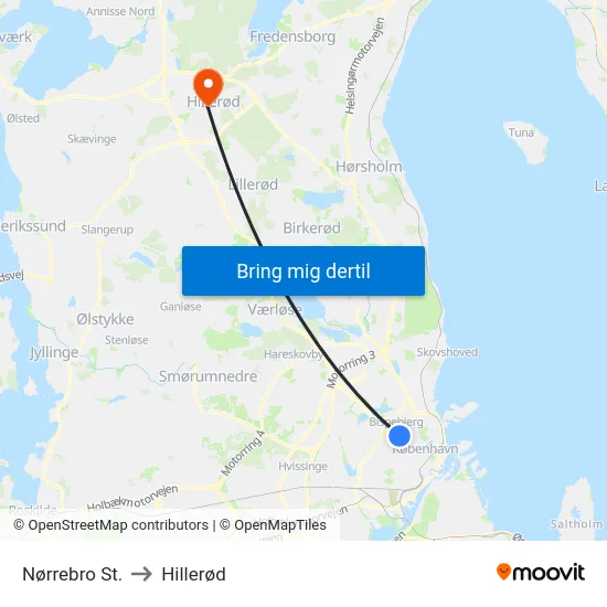 Nørrebro St. to Hillerød map