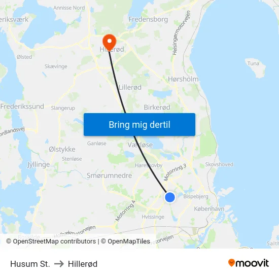 Husum St. to Hillerød map