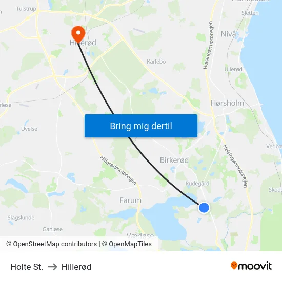 Holte St. to Hillerød map