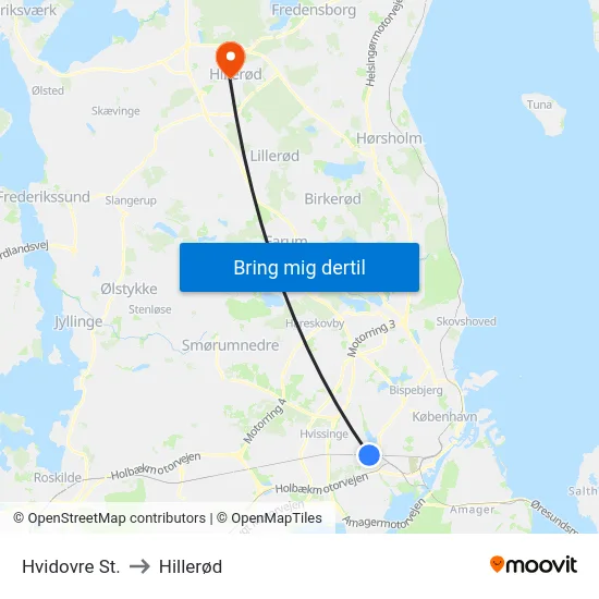 Hvidovre St. to Hillerød map