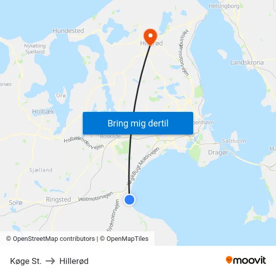 Køge St. to Hillerød map