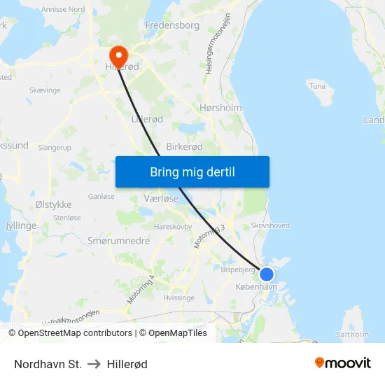 Nordhavn St. to Hillerød map