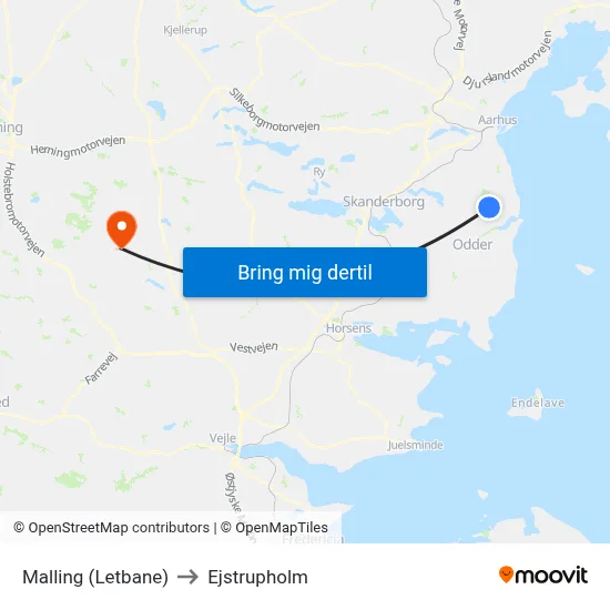 Malling (Letbane) to Ejstrupholm map