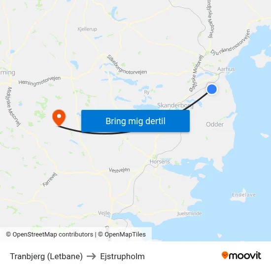 Tranbjerg (Letbane) to Ejstrupholm map
