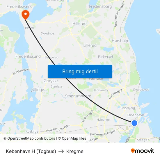 København H (Togbus) to Kregme map