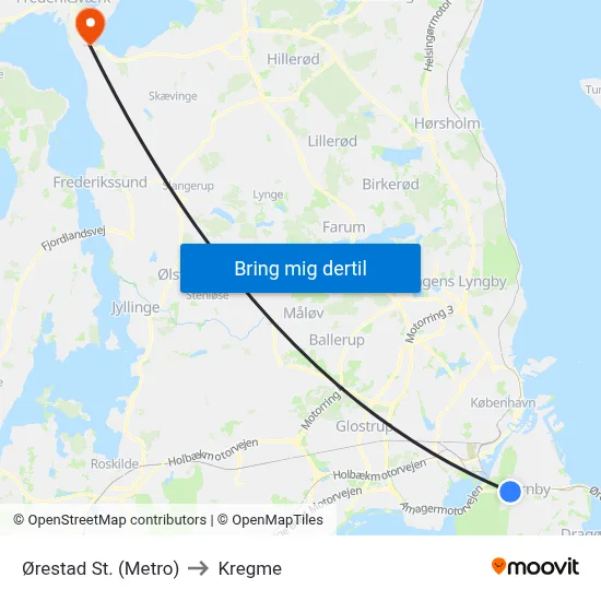 Ørestad St. (Metro) to Kregme map