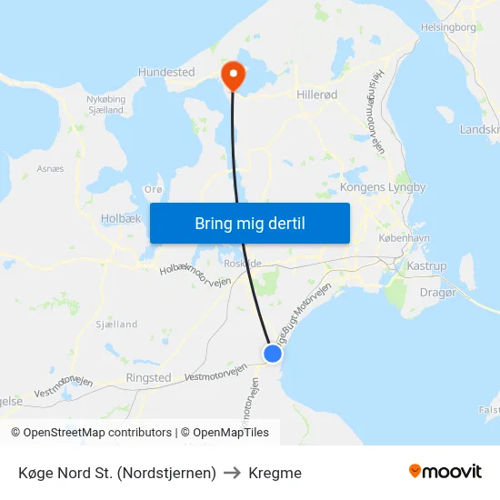 Køge Nord St. (Nordstjernen) to Kregme map