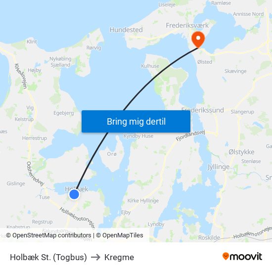 Holbæk St. (Togbus) to Kregme map