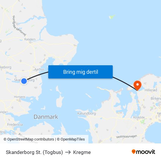 Skanderborg St. (Togbus) to Kregme map