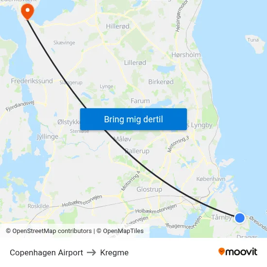 Copenhagen Airport to Kregme map