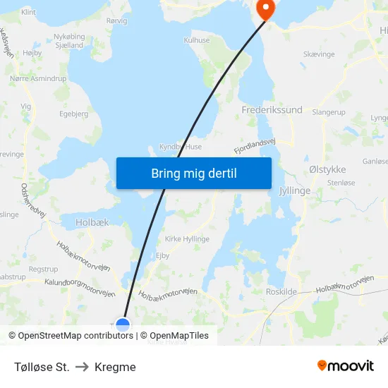 Tølløse St. to Kregme map