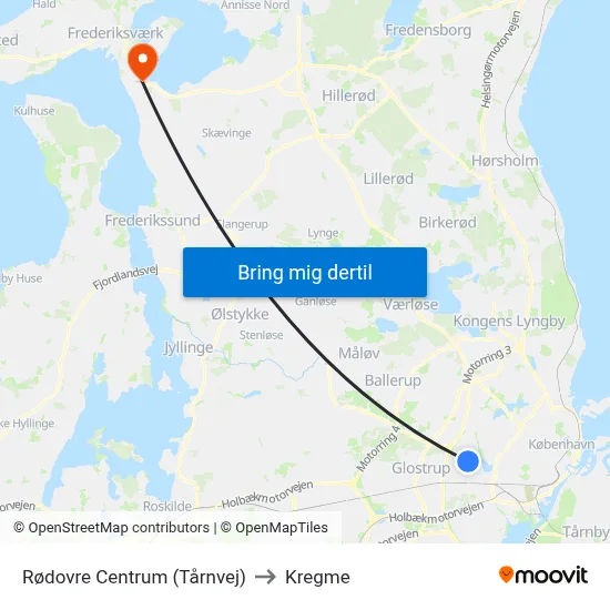 Rødovre Centrum (Tårnvej) to Kregme map