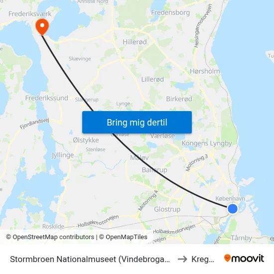 Stormbroen Nationalmuseet (Vindebrogade) to Kregme map