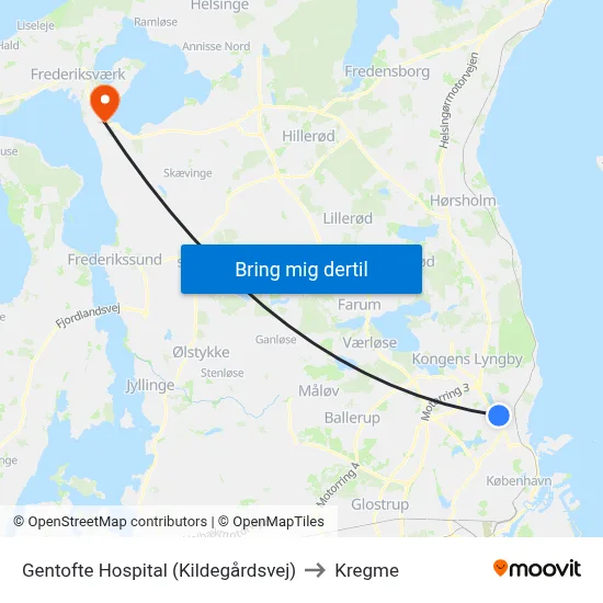 Gentofte Hospital (Kildegårdsvej) to Kregme map