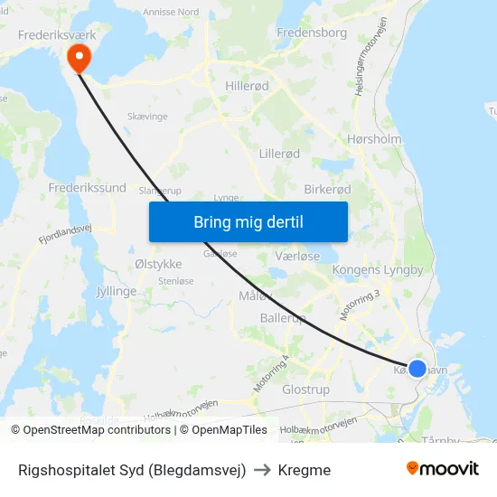 Rigshospitalet Syd (Blegdamsvej) to Kregme map