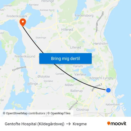 Gentofte Hospital (Kildegårdsvej) to Kregme map