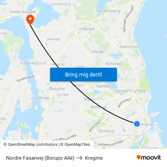 Nordre Fasanvej (Borups Allé) to Kregme map