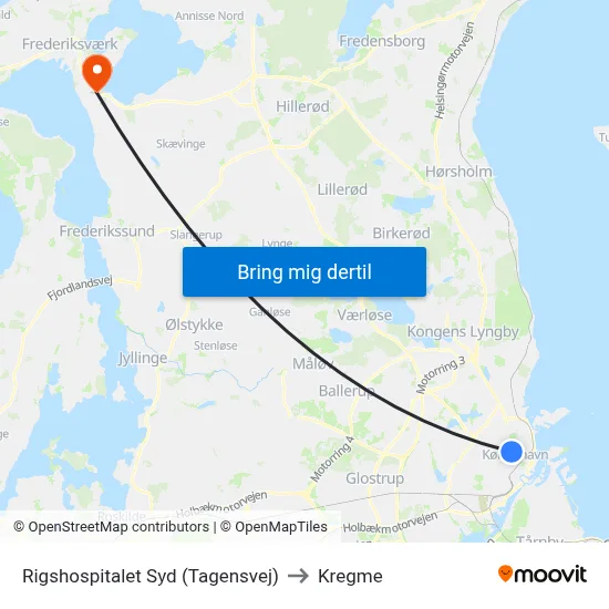 Rigshospitalet Syd (Tagensvej) to Kregme map