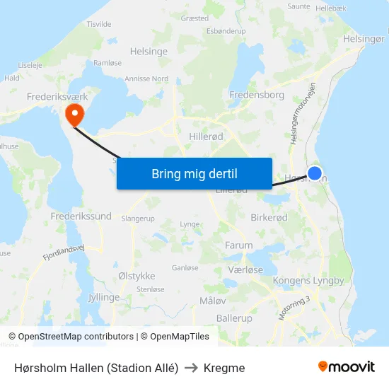 Hørsholm Hallen (Stadion Allé) to Kregme map