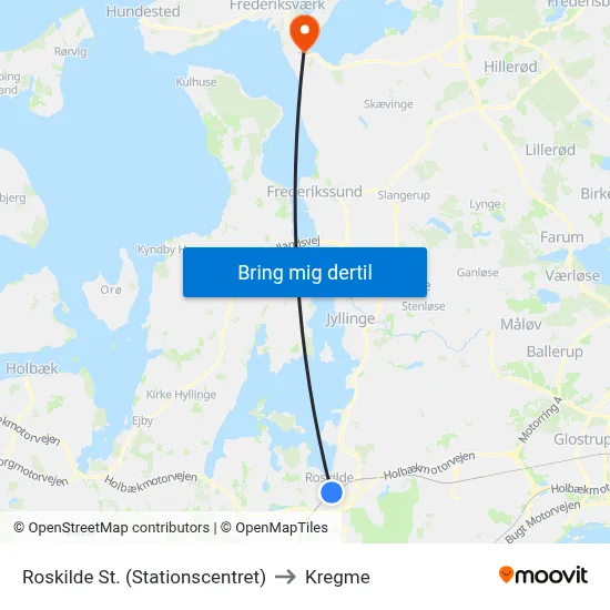Roskilde St. (Stationscentret) to Kregme map
