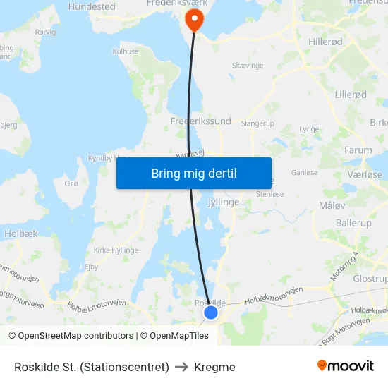Roskilde St. (Stationscentret) to Kregme map