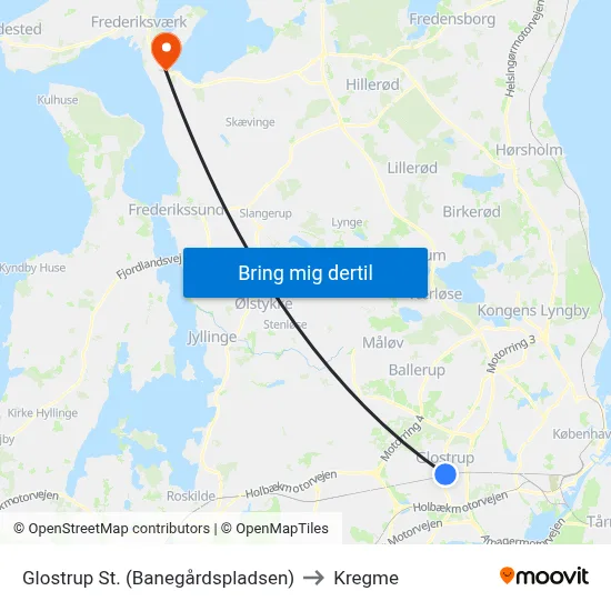 Glostrup St. (Banegårdspladsen) to Kregme map