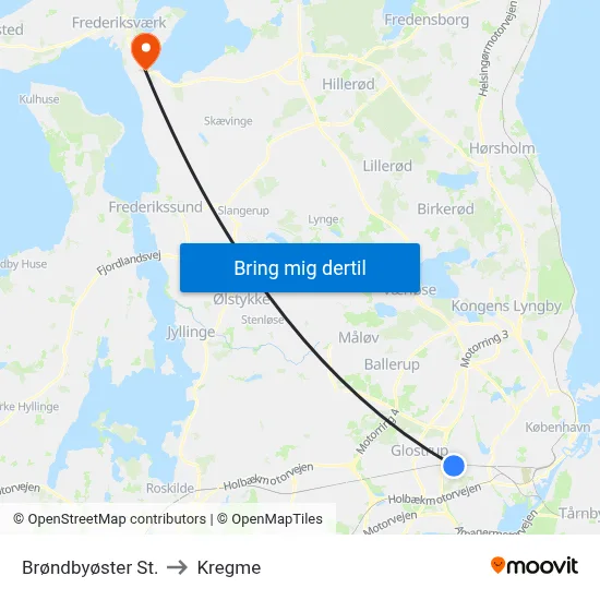 Brøndbyøster St. to Kregme map