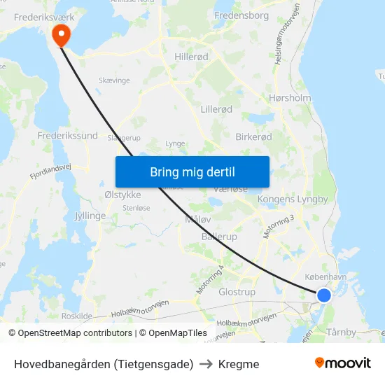 Hovedbanegården (Tietgensgade) to Kregme map