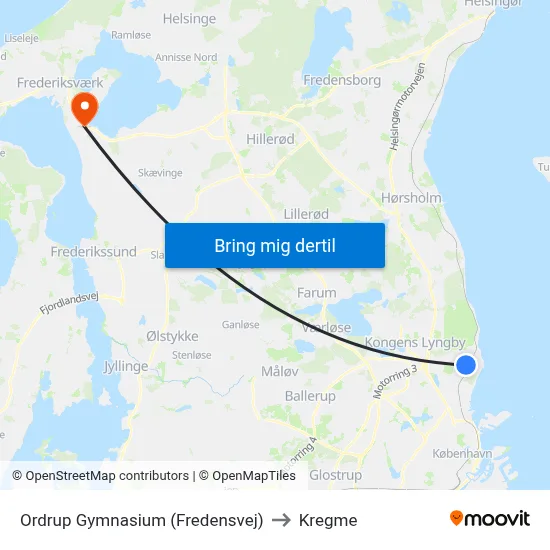 Ordrup Gymnasium (Fredensvej) to Kregme map
