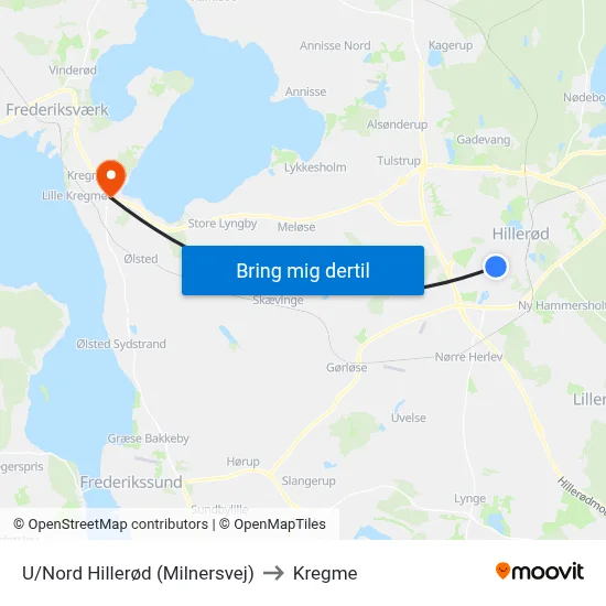 U/Nord Hillerød (Milnersvej) to Kregme map