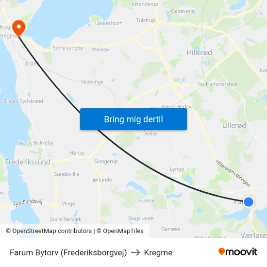 Farum Bytorv (Frederiksborgvej) to Kregme map