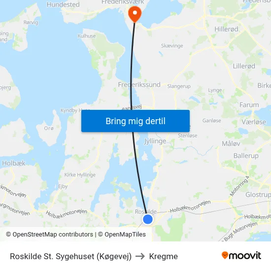 Roskilde St. Sygehuset (Køgevej) to Kregme map