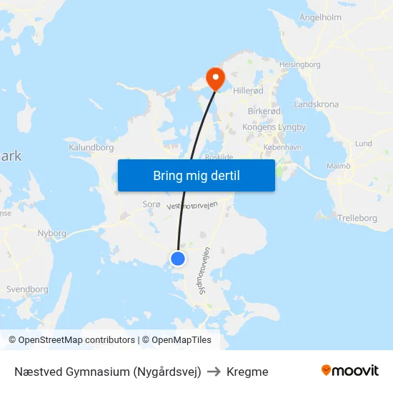 Næstved Gymnasium (Nygårdsvej) to Kregme map