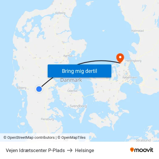 Vejen Idrætscenter P-Plads to Helsinge map