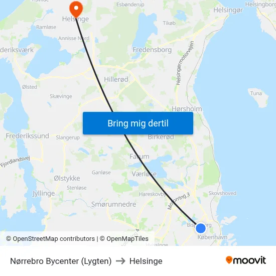 Nørrebro Bycenter (Lygten) to Helsinge map