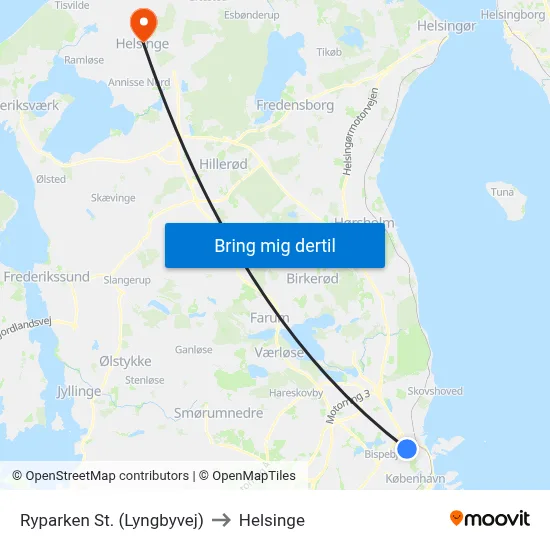 Ryparken St. (Lyngbyvej) to Helsinge map