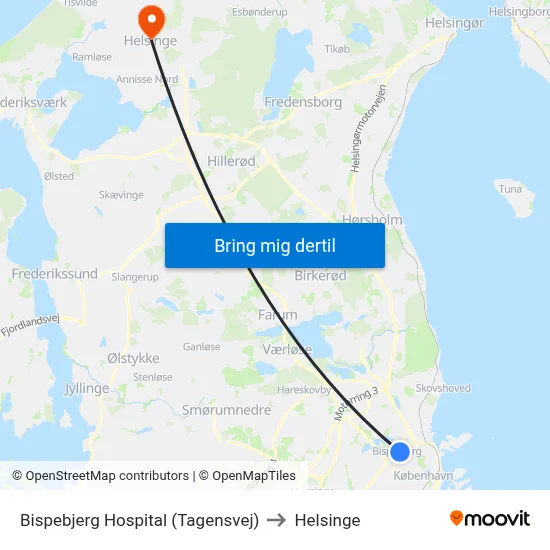 Bispebjerg Hospital (Tagensvej) to Helsinge map