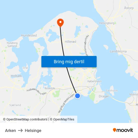 Arken to Helsinge map