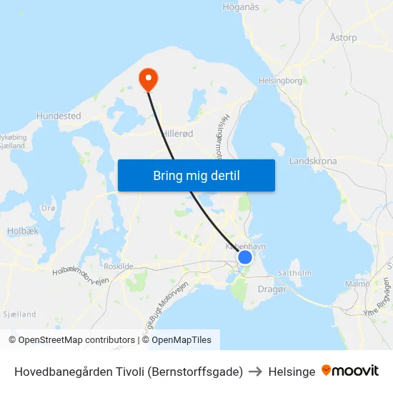 Hovedbanegården Tivoli (Bernstorffsgade) to Helsinge map