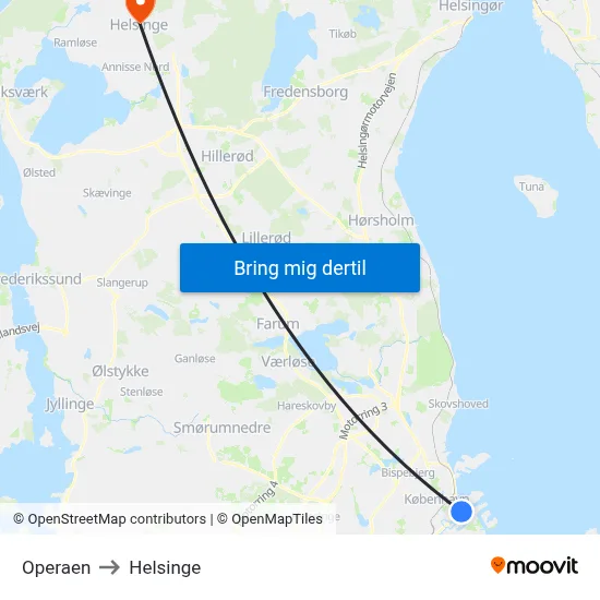 Operaen to Helsinge map