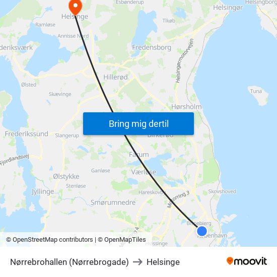 Nørrebrohallen (Nørrebrogade) to Helsinge map