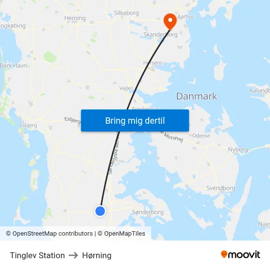 Tinglev Station to Hørning map