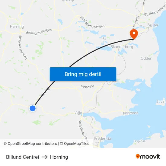Billund Centret to Hørning map