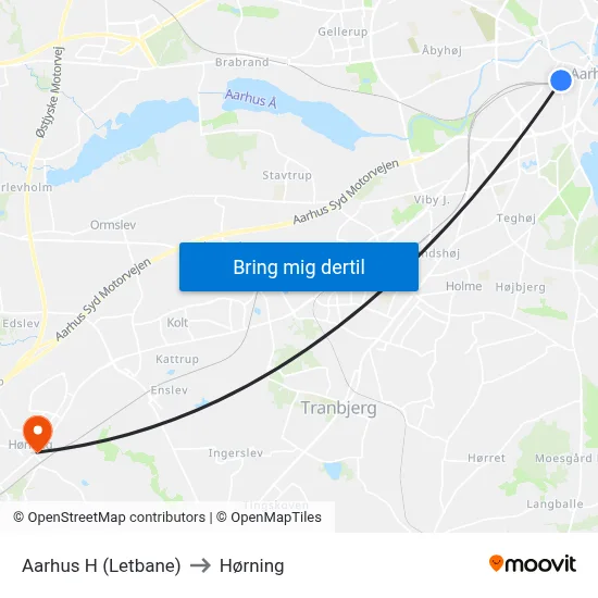 Aarhus H (Letbane) to Hørning map
