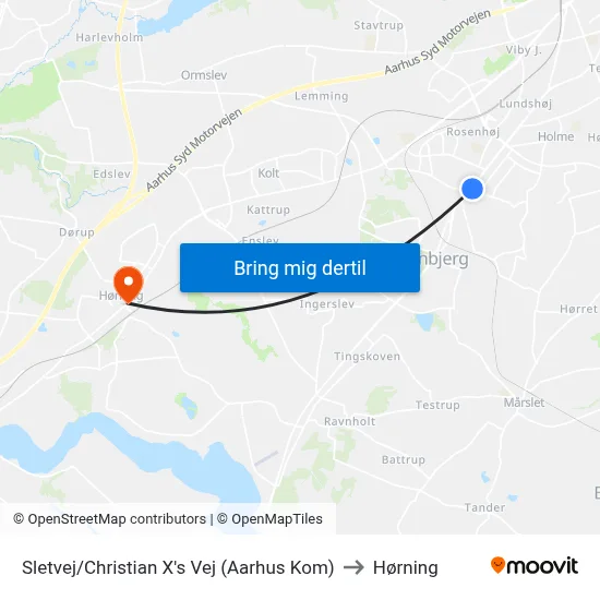 Sletvej/Christian X's Vej (Aarhus Kom) to Hørning map