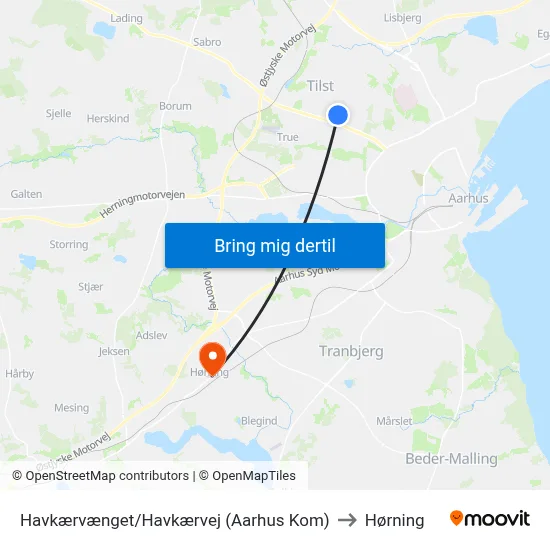 Havkærvænget/Havkærvej (Aarhus Kom) to Hørning map