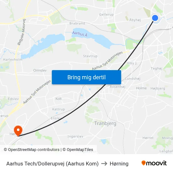 Aarhus Tech/Dollerupvej (Aarhus Kom) to Hørning map