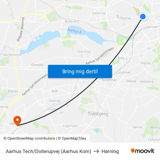 Aarhus Tech/Dollerupvej (Aarhus Kom) to Hørning map